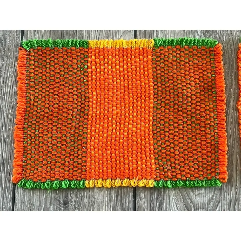 MCM Boho Chic Vintage 4 Hand Crochet Orange & Green Placemats Halloween Fall